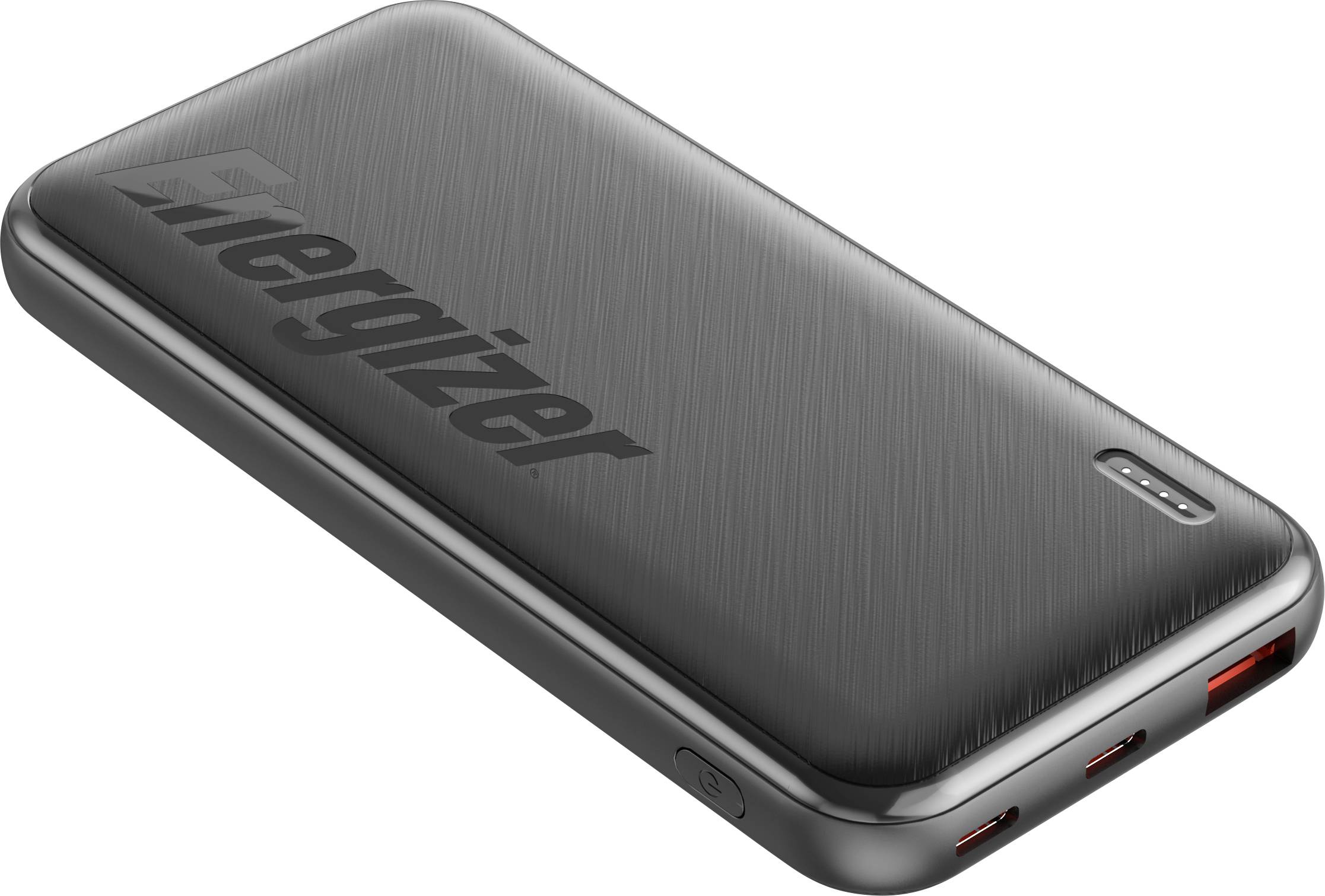 Une batterie externe Energizer noire et élégante avec quatre petits voyants LED indicateurs et des ports USB sur le côté.