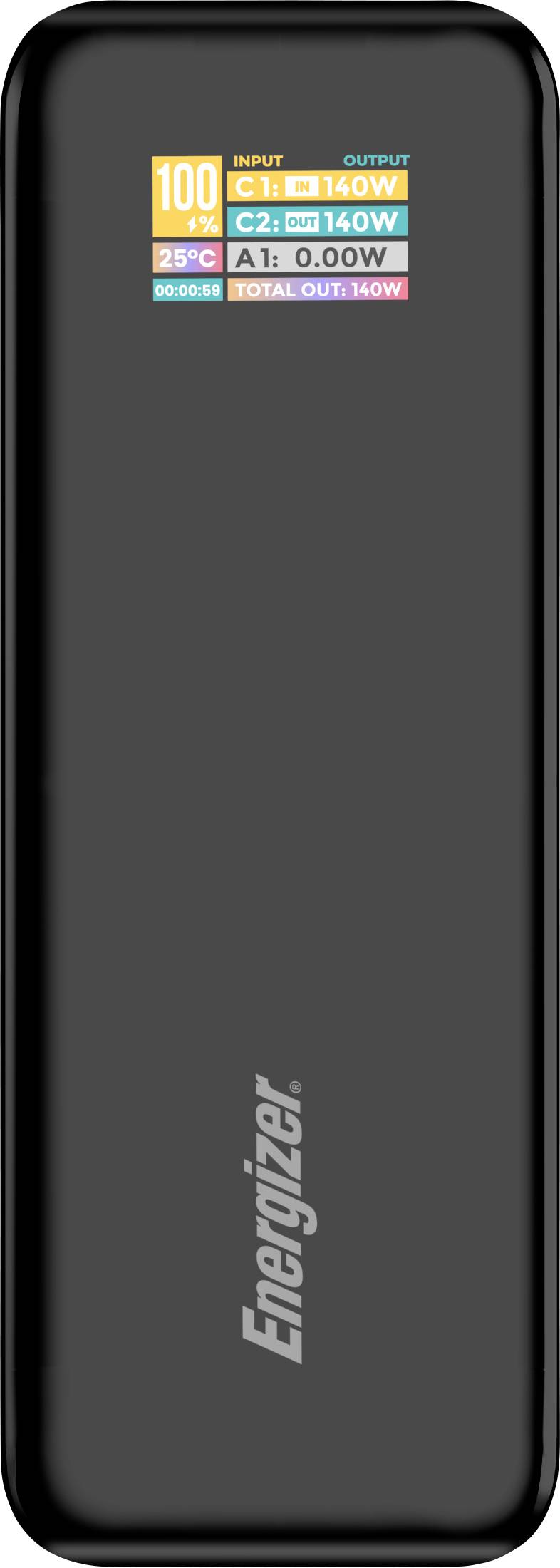 Une batterie externe Energizer noire avec un écran numérique affichant les détails de puissance d'entrée et de sortie, incluant une entrée de 140W et une sortie totale de 160W.