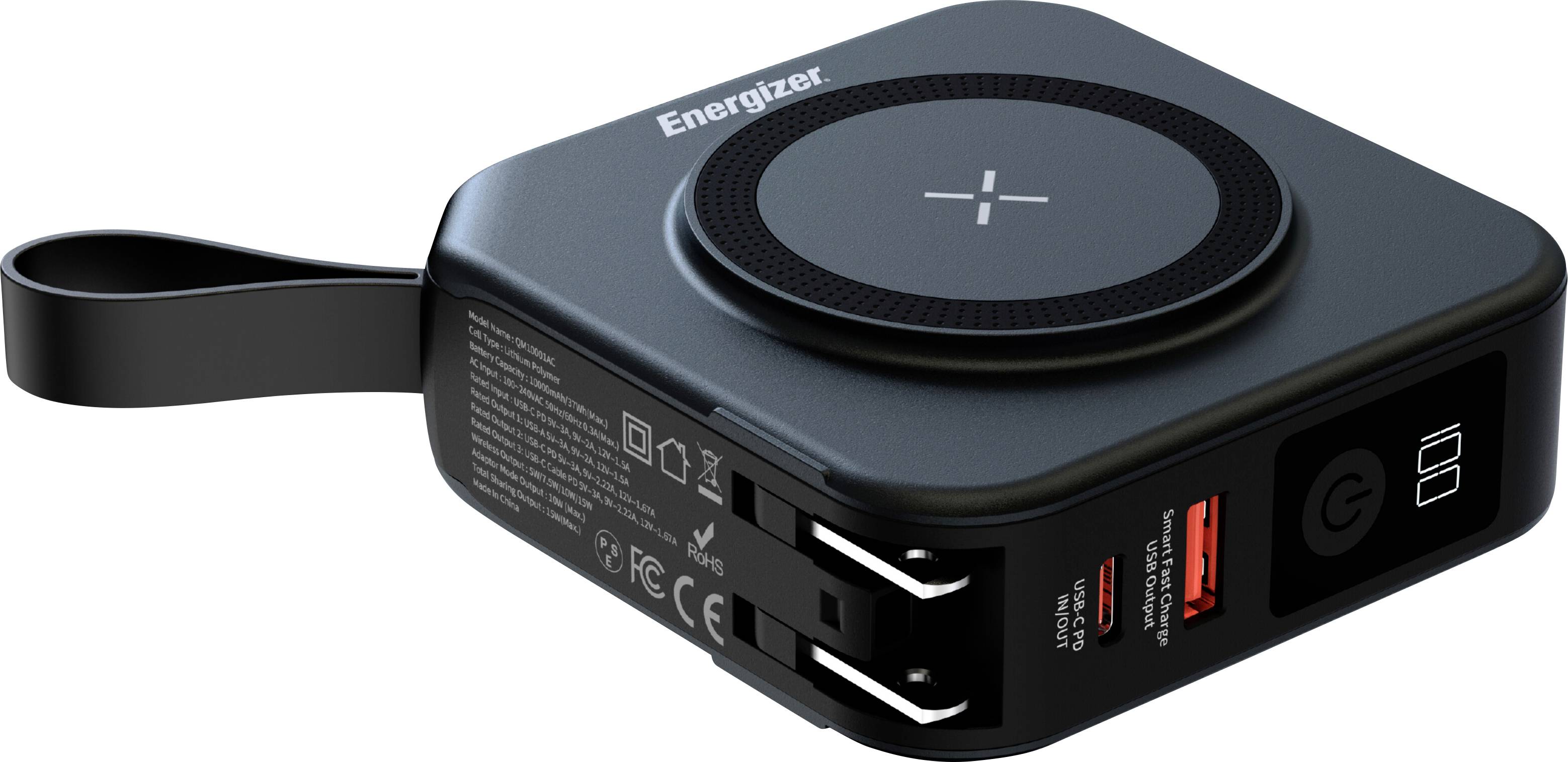 Un chargeur sans fil noir avec logo « Energizer », doté d'un plateau de charge circulaire et de deux ports USB avec un bouton d'alimentation.