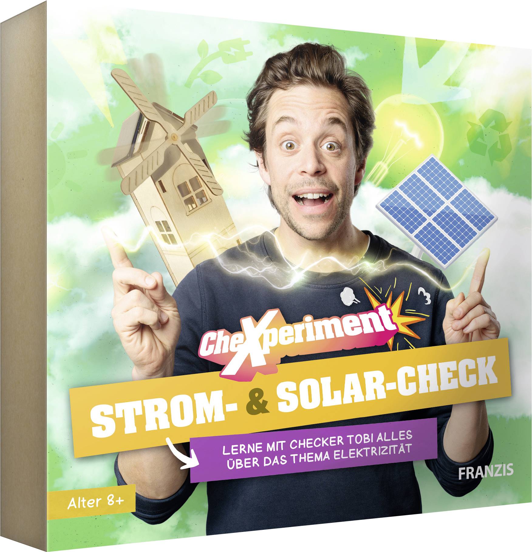 « Un homme souriantly avec enthousiasme entouré de panneaux solaires et d'un moulin à vent. Texte : « CheXperiment : Vérification du Courant et de l'Énergie Solaire. Découvrez l'électricité. » »
