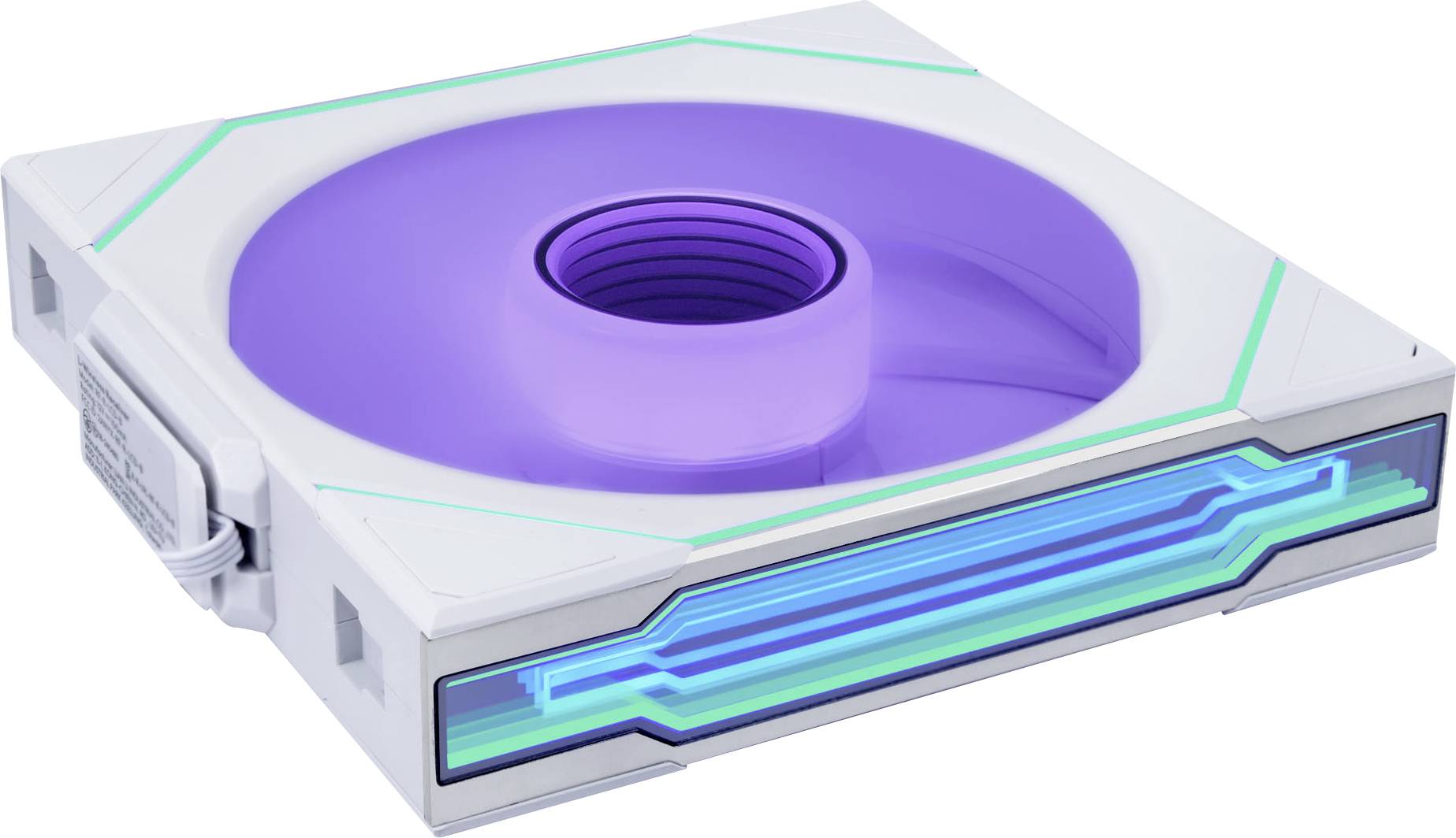 Un appareil électronique carré avec un composant circulaire violet et des accents illuminés bleus, probablement un ventilateur ou un système de refroidissement.