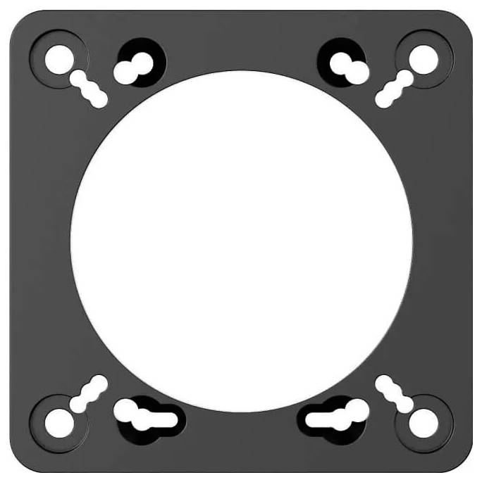 Un support de montage carré noir avec des coins arrondis et une grande découpe circulaire centrale, dotée de quatre trous de vis à chaque coin.
