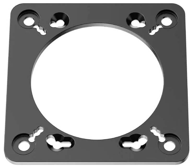 Une plaque métallique carrée avec une grande découpe circulaire centrale et quatre trous d'angle pour le montage.