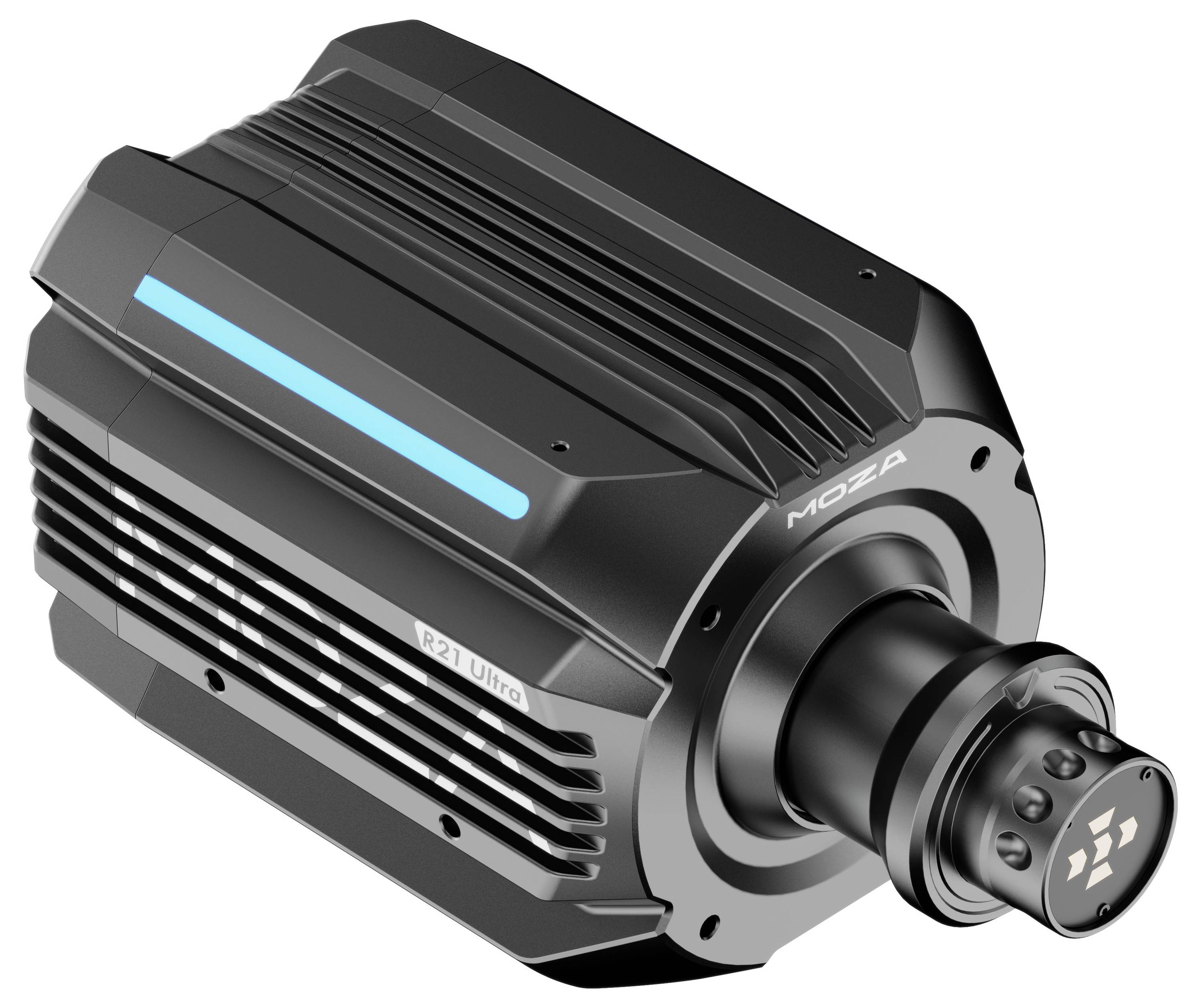 Un moteur Moza R21 Ultra noir avec une forme cylindrique, présentant des ailettes de refroidissement et une ligne d'accent bleu sur le dessus, utilisé dans les configurations de simulation.