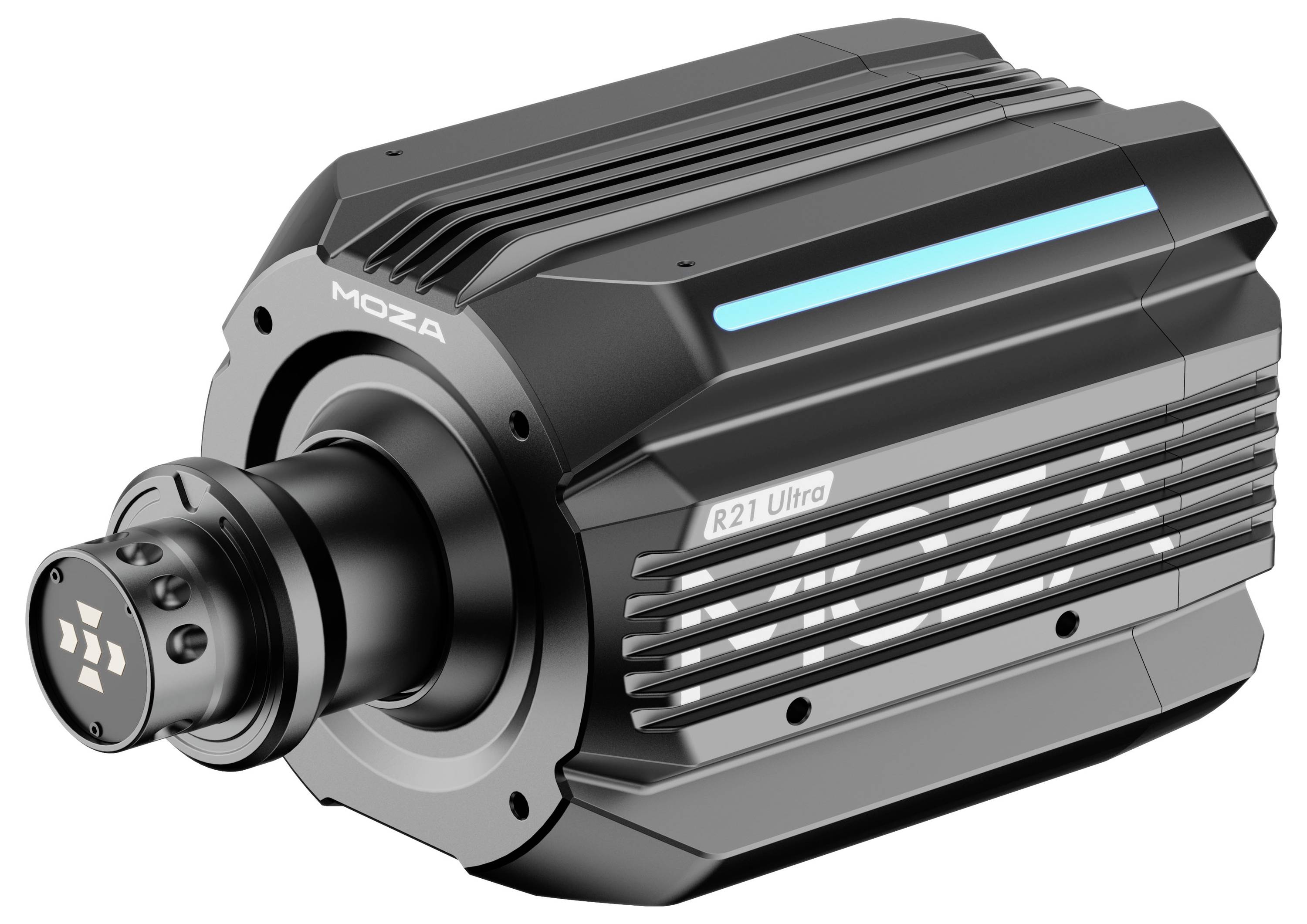 « Moteur de simulateur Moza R21 Ultra » noir avec un design épuré et une ligne d'accent bleue, utilisé pour la course en simulation, mettant en avant une technologie avancée.