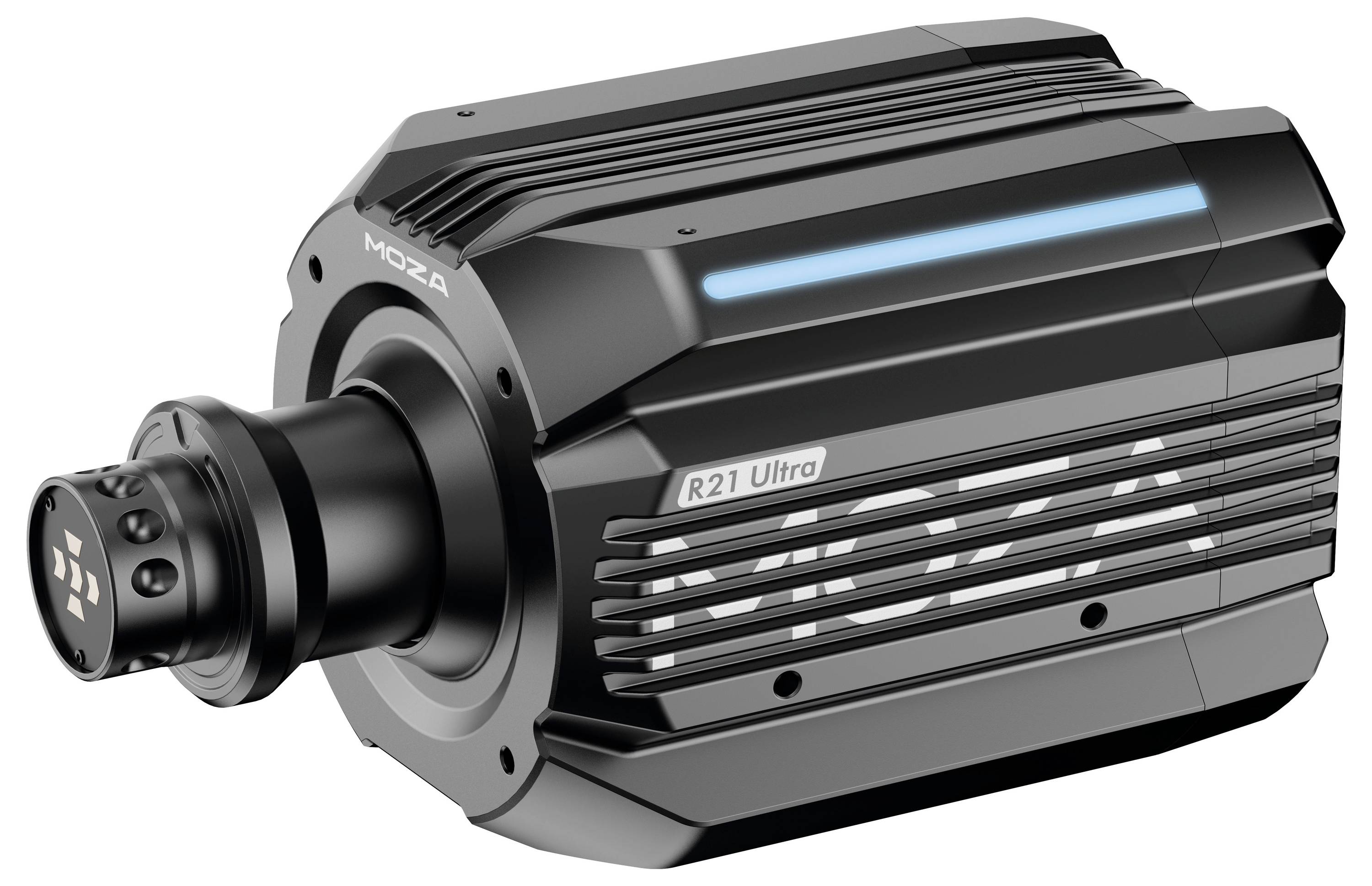 'Moteur de Direct Drive MOZA R21 Ultra' - Un moteur haute performance pour la simulation de course automobile, doté d'un design noir épuré et d'une technologie avancée.