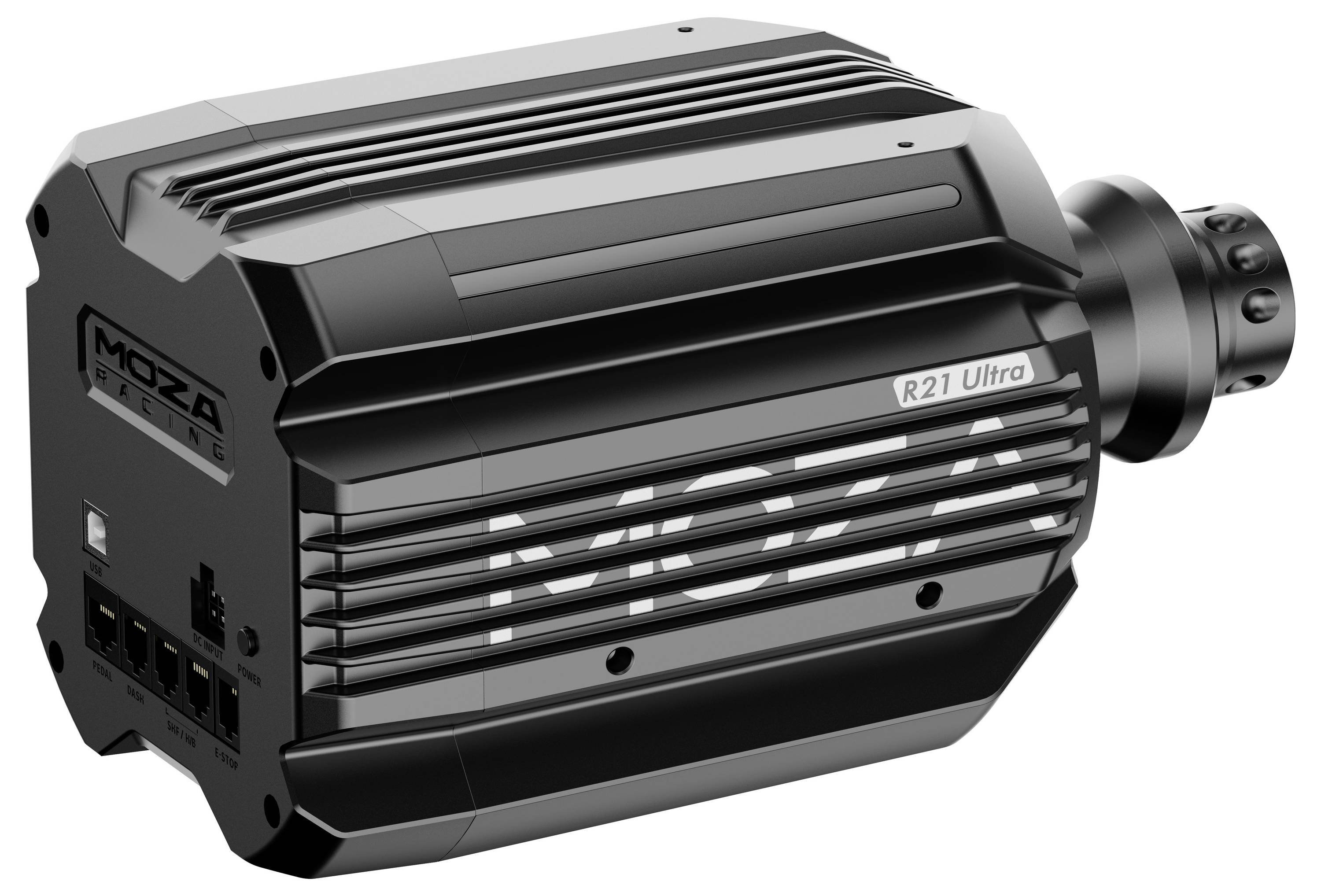 Un moteur MOZA Racing R21 Ultra noir avec des évents visibles et une marque de fabrique.