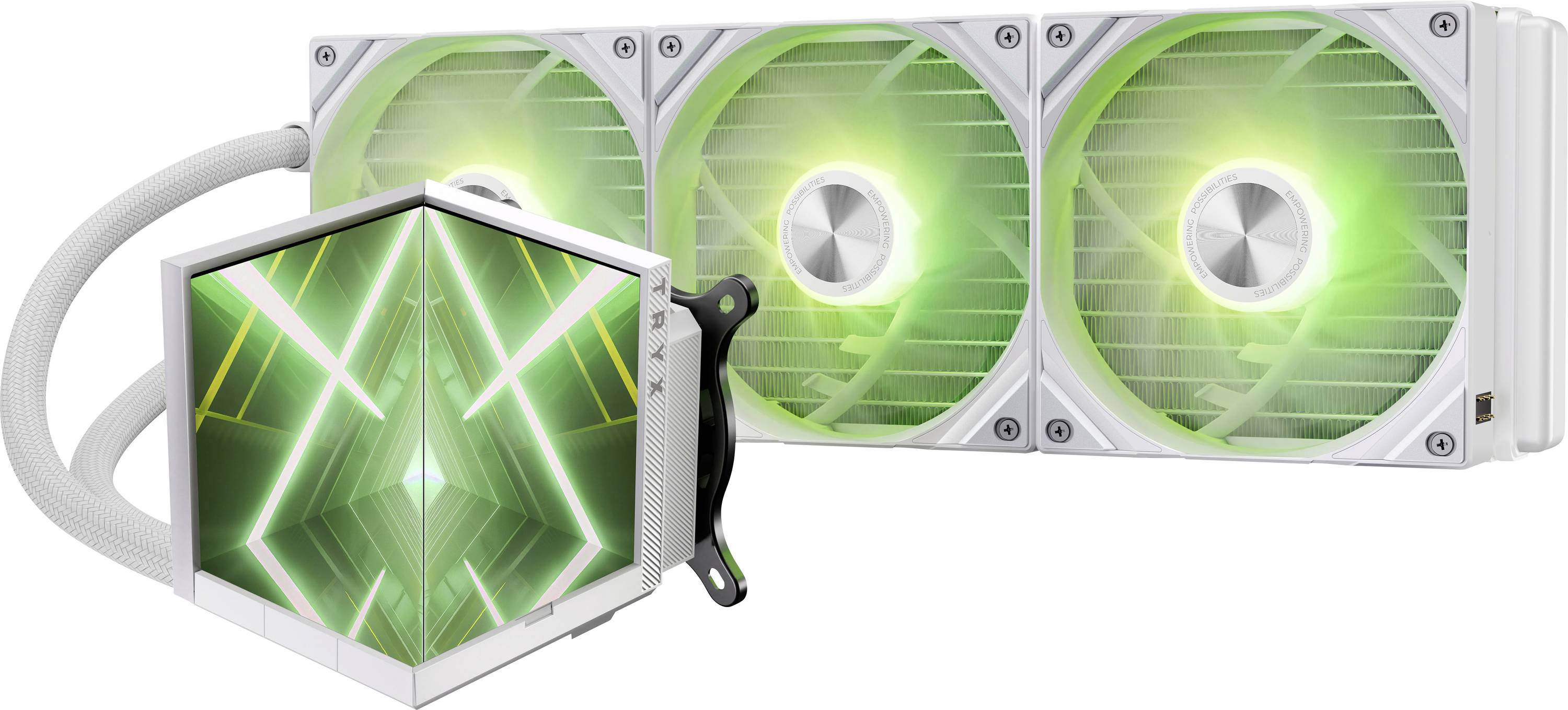 Un système de refroidissement liquide pour ordinateur au design futuriste, comportant trois ventilateurs connectés et un bloc de pompe brillant avec des lumières vertes et blanches.