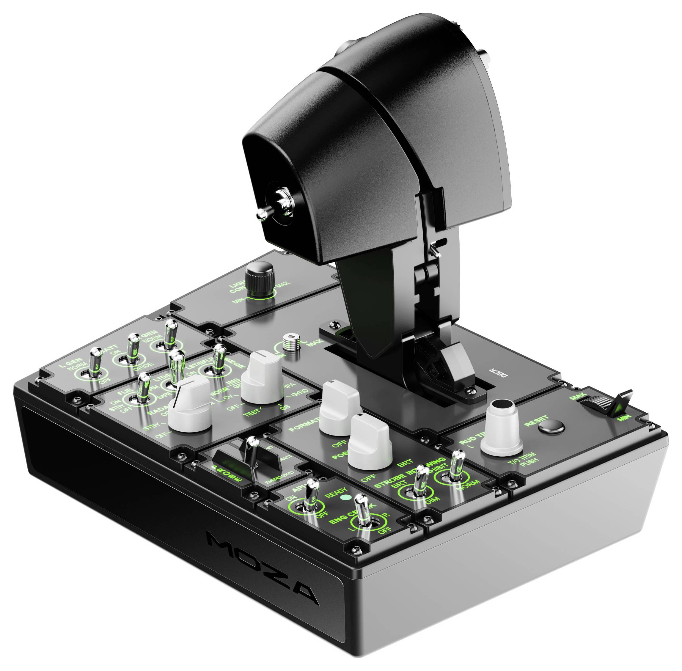 Un joystick de commande industriel noir avec plusieurs boutons, boutons rotatifs et interrupteurs montés sur une base étiquetée « MOZA ».
