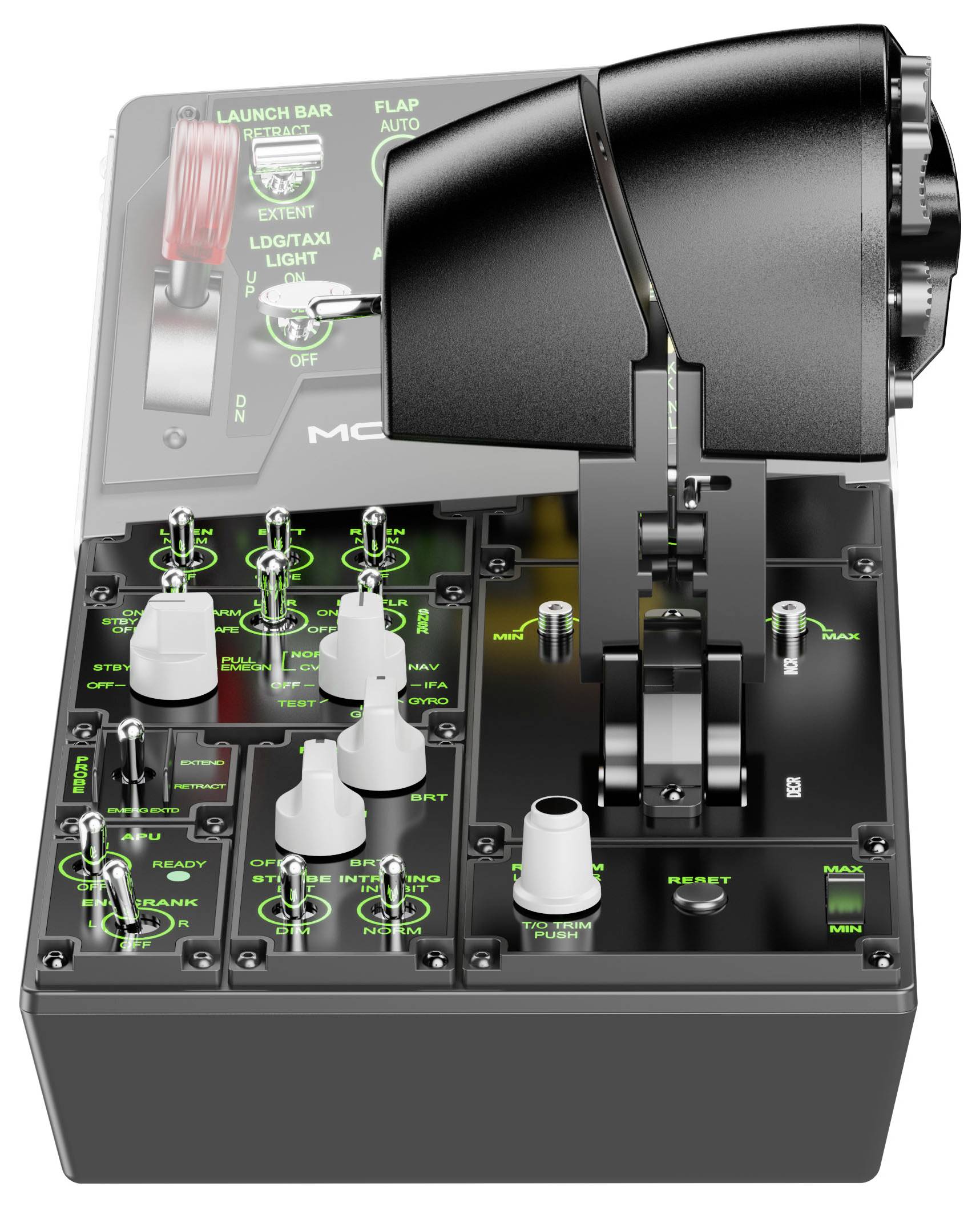 Un panneau de commande du cockpit avec différents interrupteurs, boutons et manettes des gaz pour les opérations aériennes, étiqueté avec des fonctions comme les volets et le lancement.