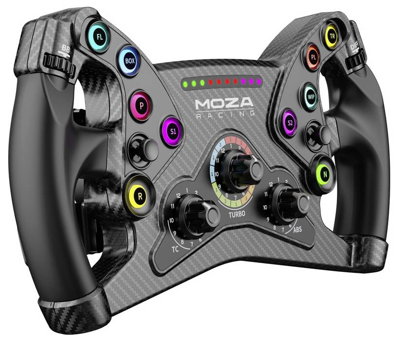 A racing game steering wheel with LED lights, multiple colored buttons, and dials labeled 'Turbo' and 'ABS' for enhanced gaming control.