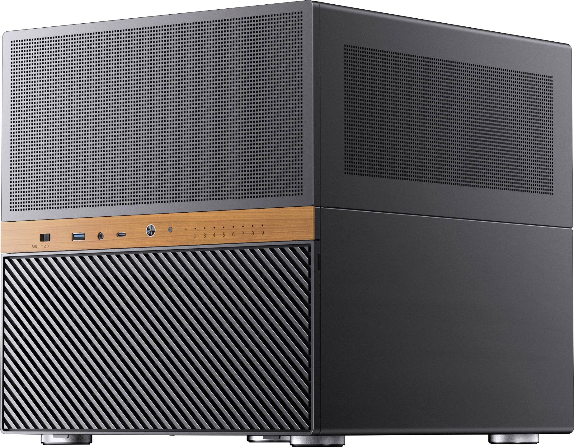 Un élégant boîtier d'ordinateur noir avec une touche de bois, doté de panneaux en maille pour la ventilation, de ports USB et de boutons d'alimentation à l'avant.