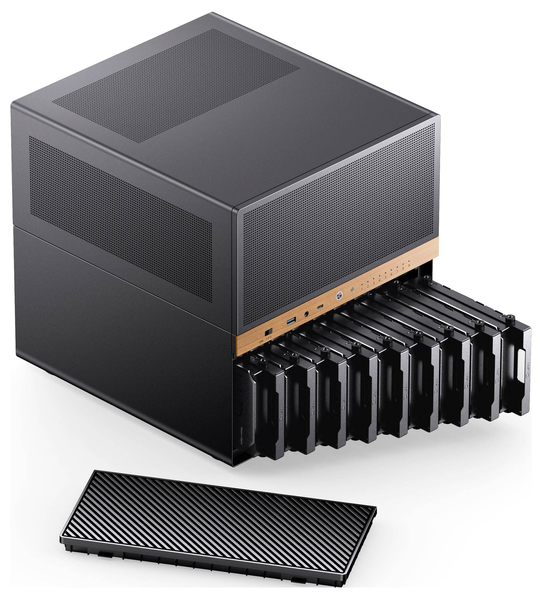 Un boîtier de disque dur externe élégant et noir avec plusieurs baies pour lecteurs, présenté avec un tiroir de lecteur retiré, illustrant la capacité de stockage.