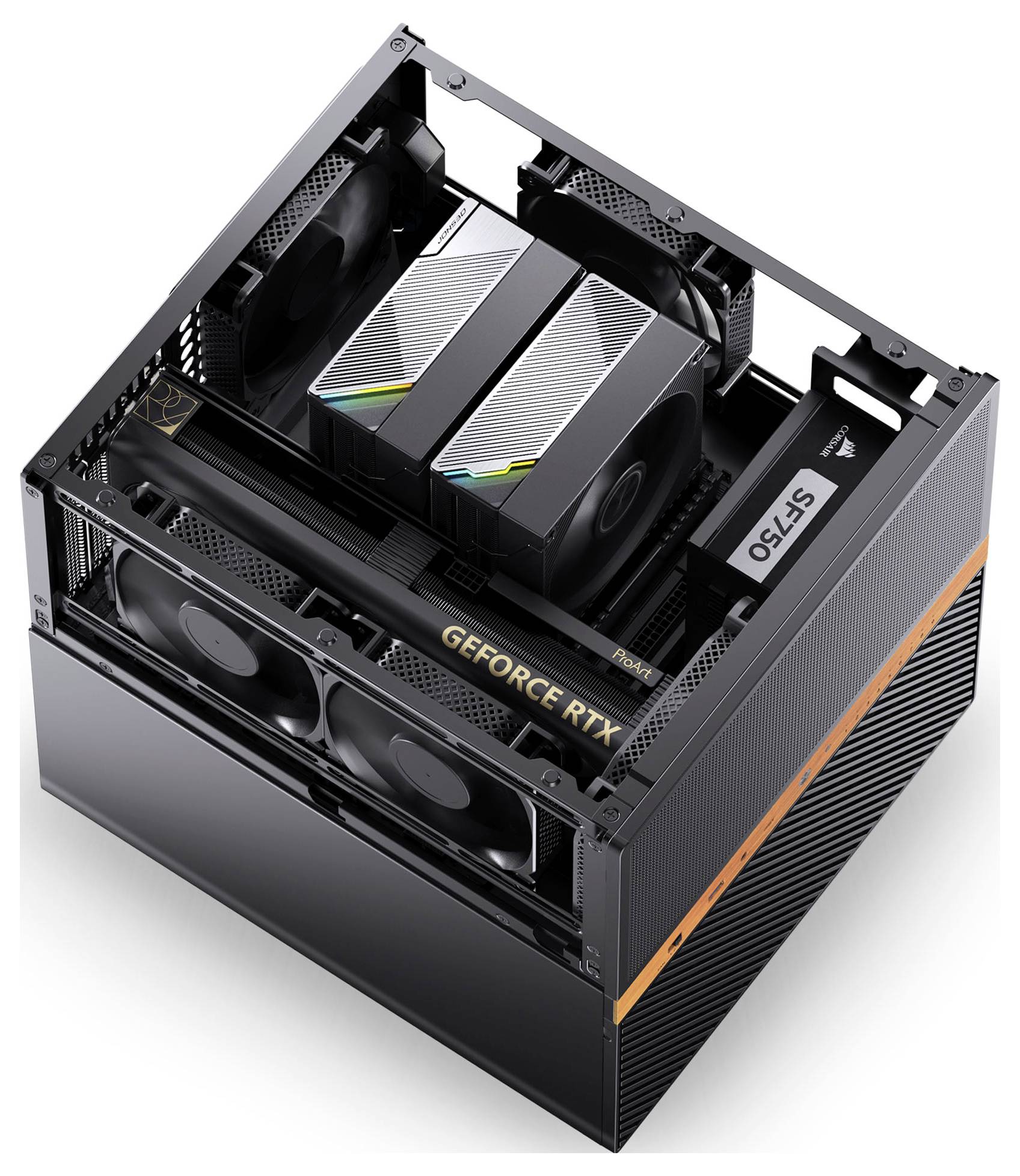 Un boîtier informatique moderne et ouvert affichant une puissante carte graphique GeForce RTX, des ventilateurs de refroidissement doubles et un design minimaliste élégant.