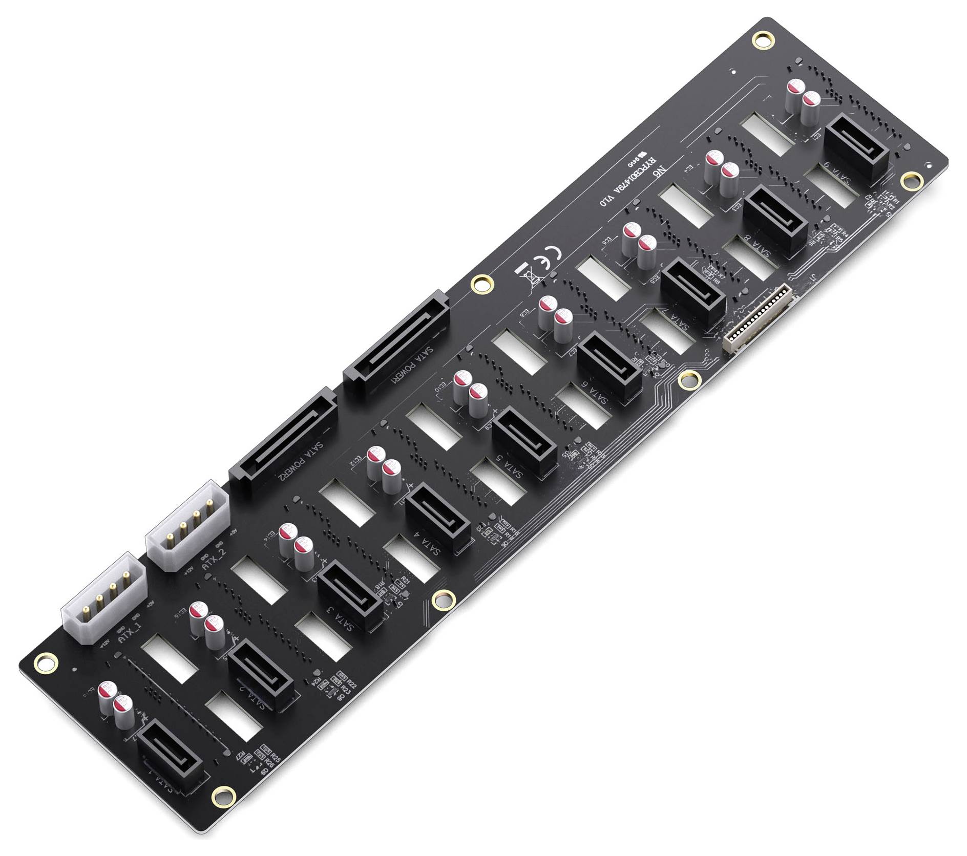 Un concentrateur de ventilateur noir avec plusieurs connecteurs à 4 broches, étiqueté « Hub de ventilateur 1 à 10 », et des condensateurs rouges, conçu pour gérer les ventilateurs de refroidissement d'ordinateur.