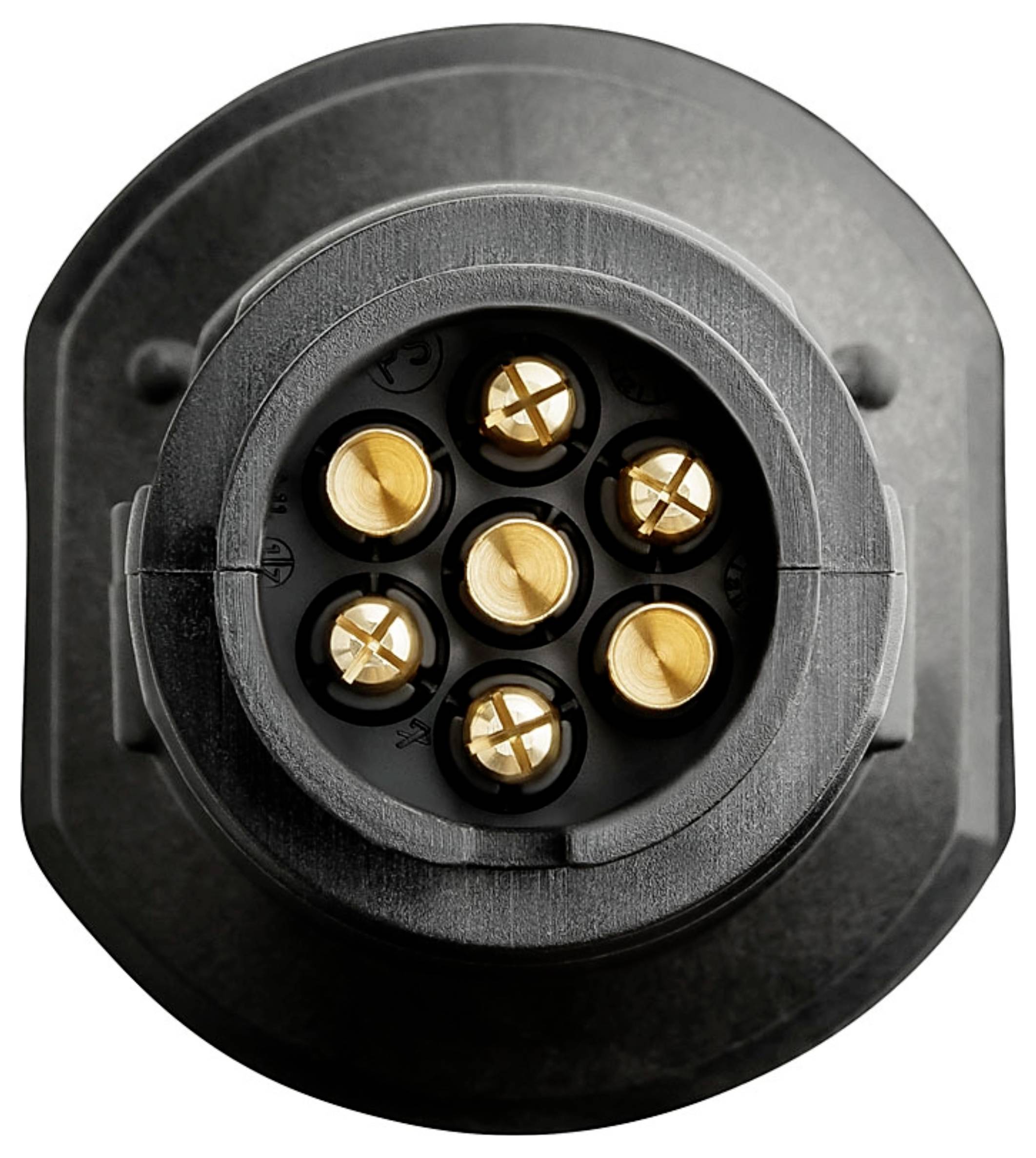 Gros plan d'un connecteur électrique circulaire noir avec sept broches de contact en or disposées en grappe.