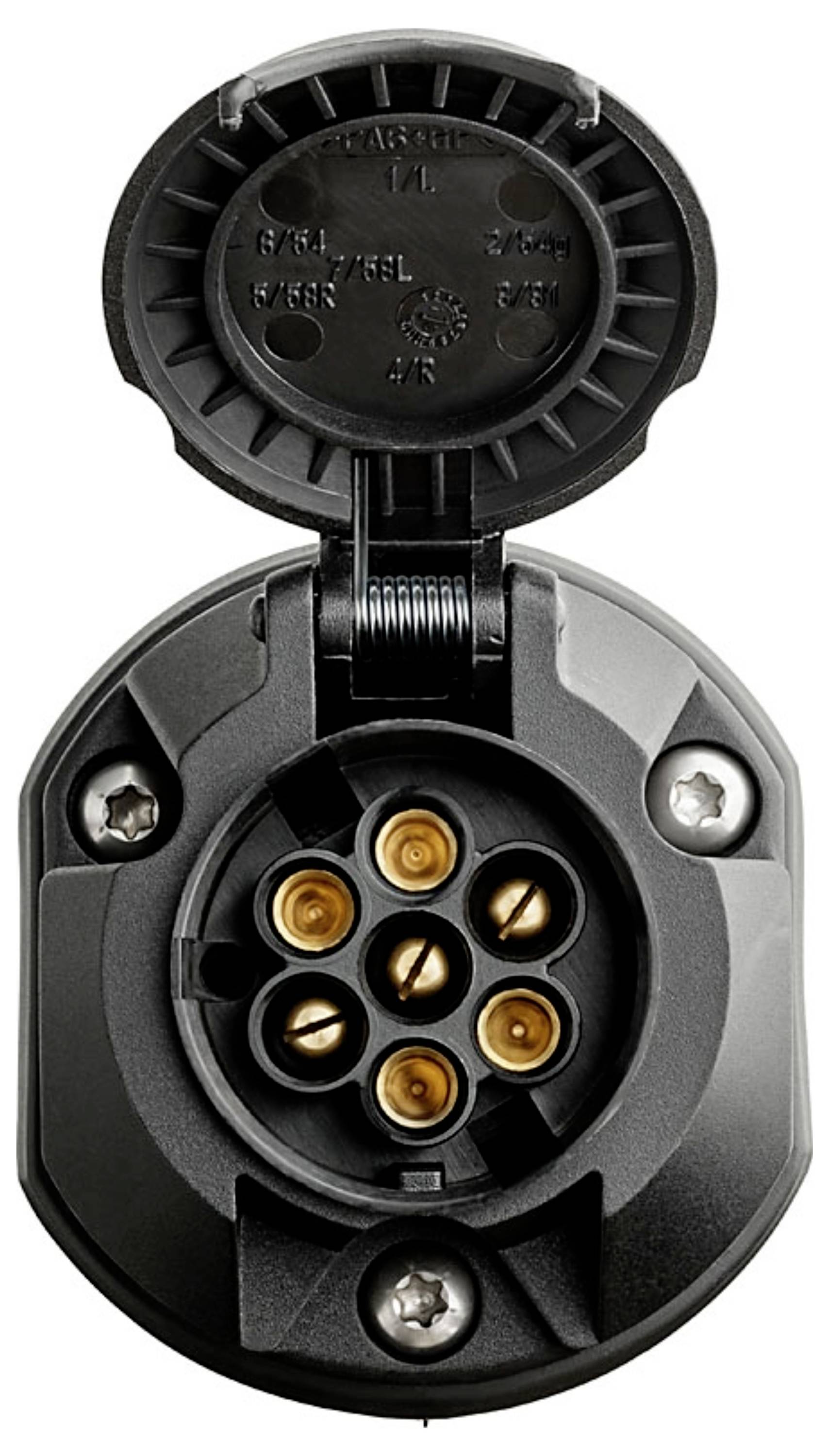 Gros plan d'un connecteur électrique noir circulaire avec cinq broches de contact en or et un capuchon de protection à charnière.