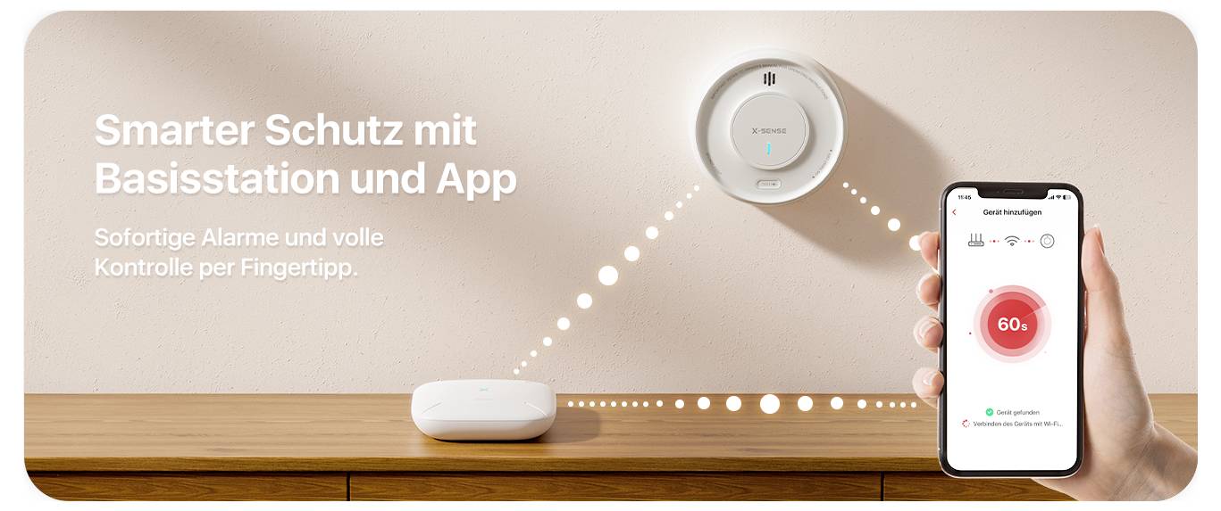 Main avec smartphone affichant « Agissez à l'avance » et informations sur la sécurité incendie. Symboles en dessous : surveillance des applications, WiFi, fixation magnétique, design compact.