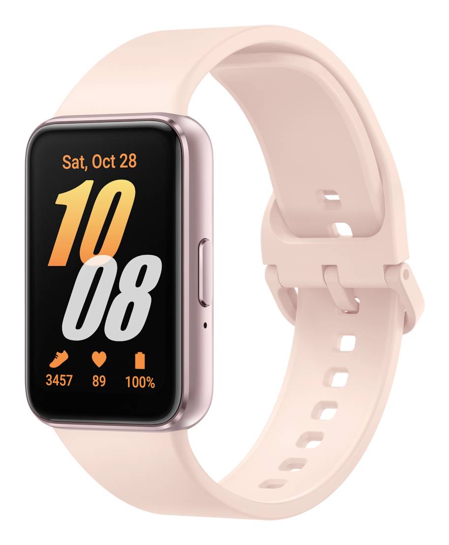 Une montre intelligente rose affichant la date « sam. 28 oct » et l'heure « 10:08 ». Les icônes affichent 3457 pas, 89 fréquence cardiaque et 100 % de batterie.