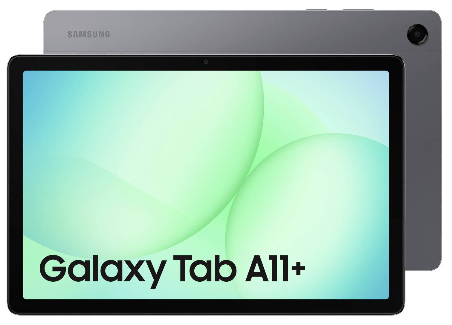Samsung Galaxy Tab A11+ affichant l'écran frontal avec un arrière-plan abstrait vert et une vue arrière mettant en évidence l'appareil photo dans le coin.