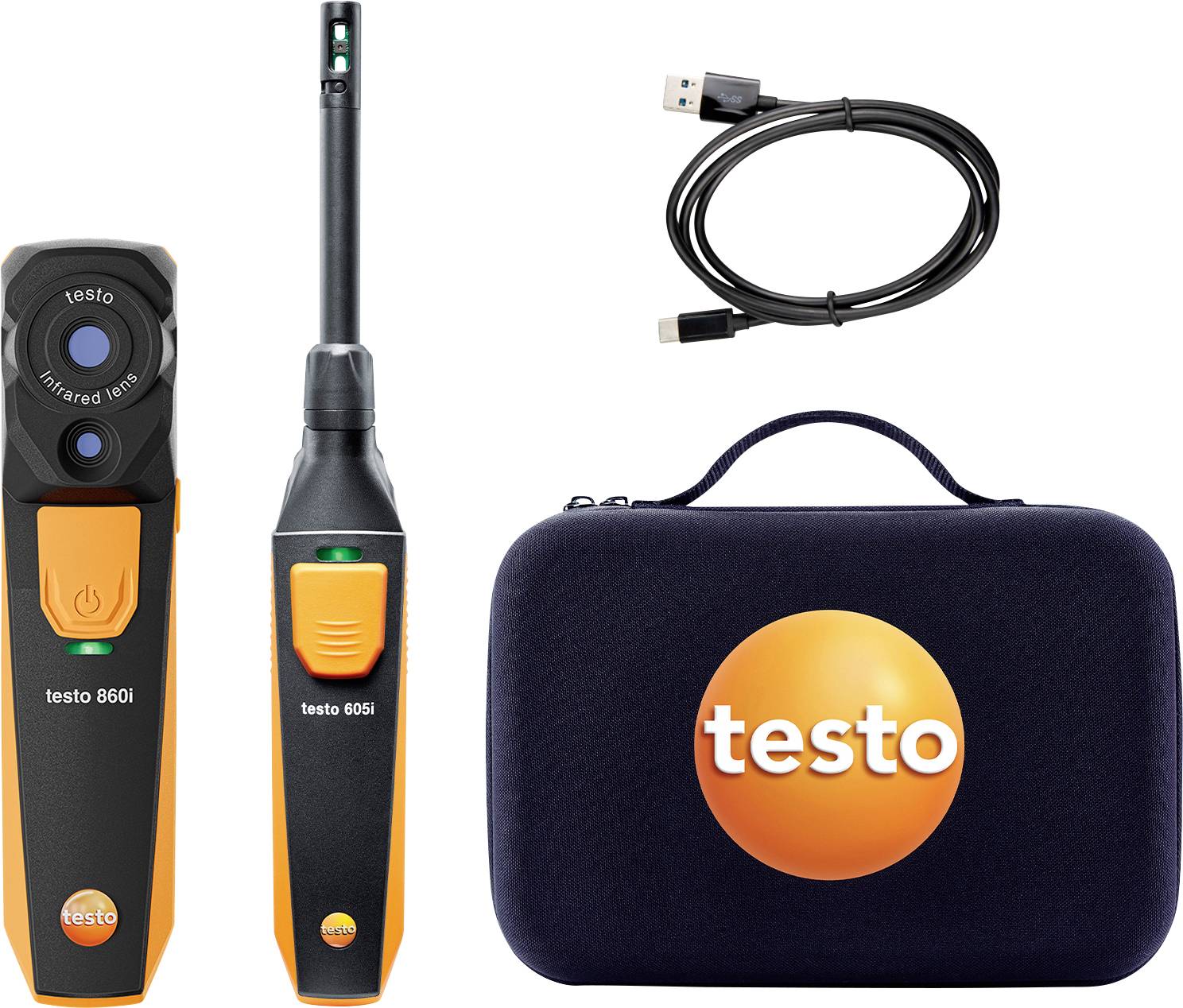 Thermomètre infrarouge Testo, sonde hygromètre, câble USB et étui de transport avec logo « testo » affiché.