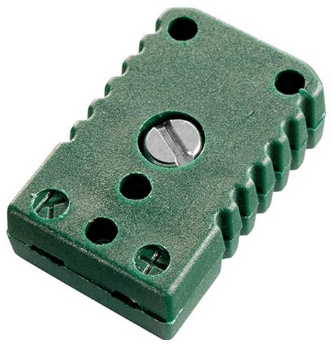 « Un connecteur rectangulaire vert avec une vis au centre et trois ouvertures circulaires marquées de symboles plus et moins. »