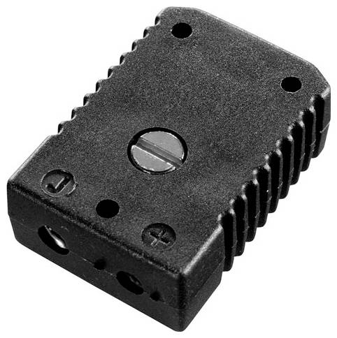 Un connecteur électrique noir de forme rectangulaire avec des côtés texturés et deux petits ports circulaires étiquetés « + » et « - ».