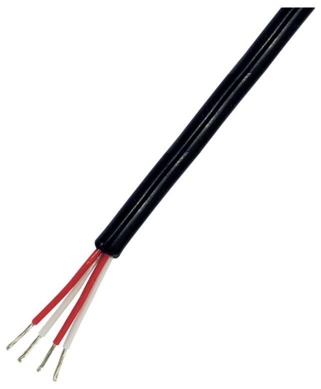 Un câble électrique noir à quatre conducteurs, avec deux extrémités de fil rouge, une blanche et une noire exposées, adapté aux connexions d'alimentation ou de haut-parleurs.