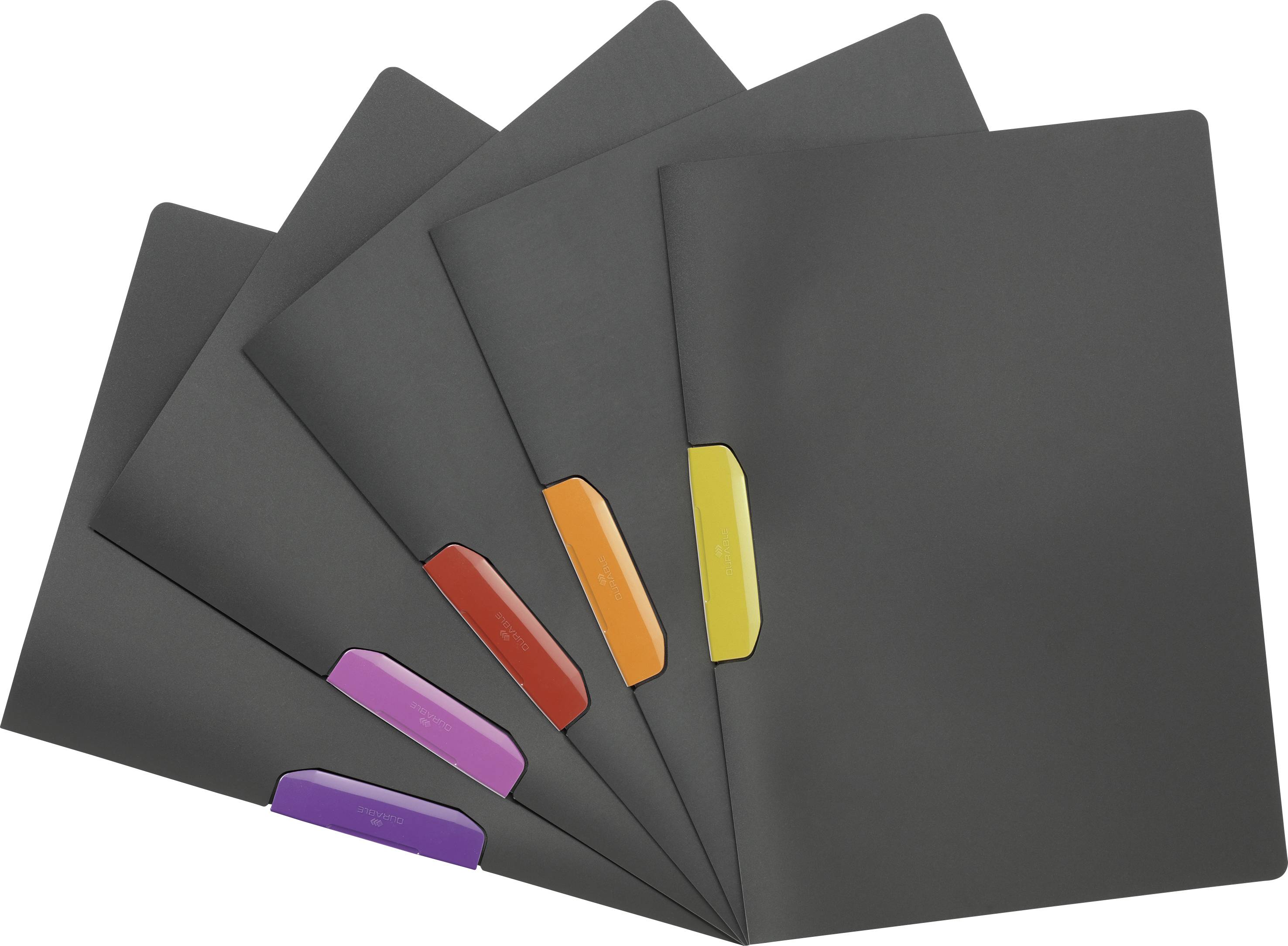 Cinq dossiers noirs étalés en éventail avec des onglets colorés en violet, rouge, orange, jaune et rose.