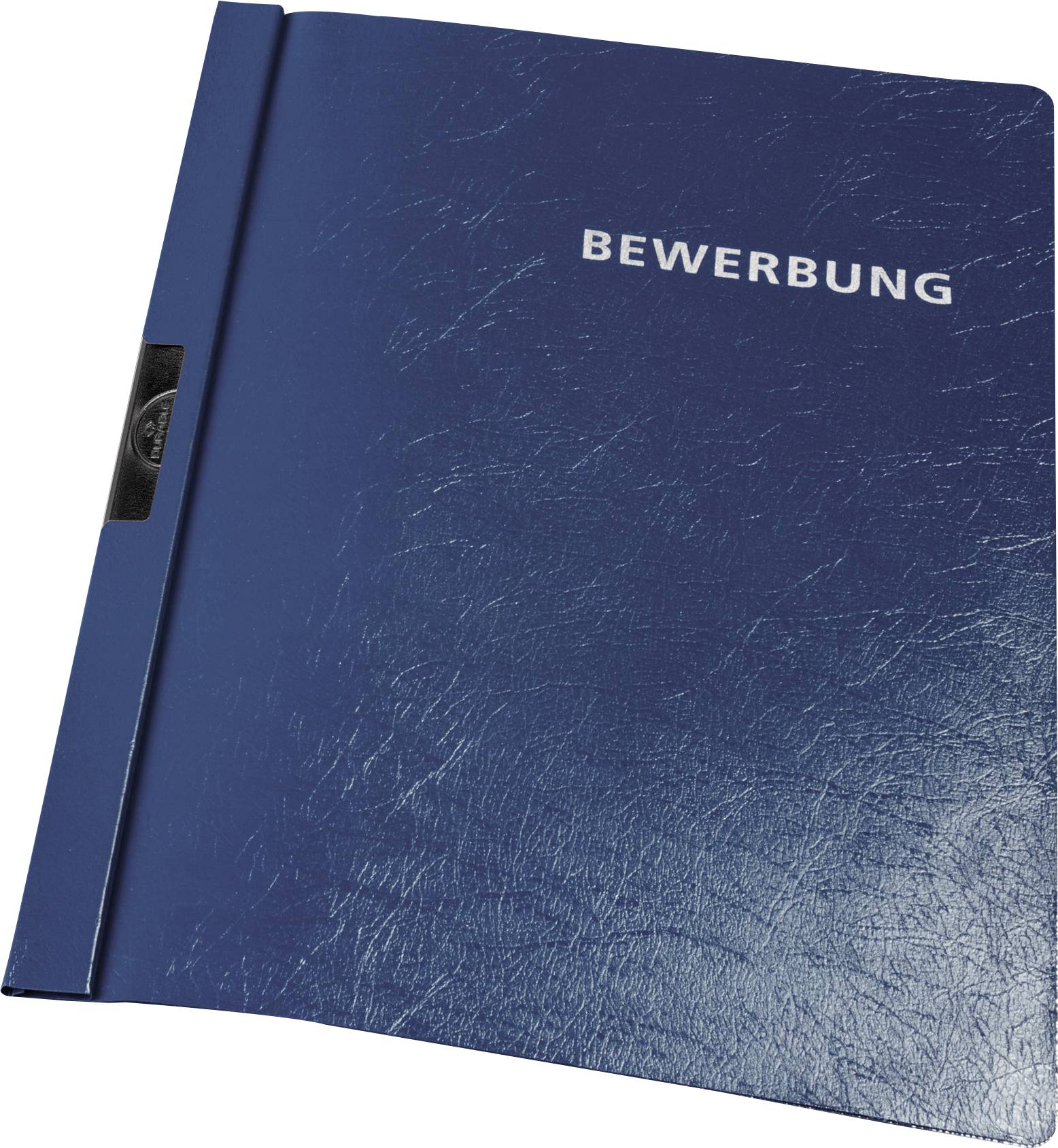 Un dossier bleu portant l'étiquette « BEWERBUNG », qui signifie « candidature » en allemand, suggérant son utilisation pour des candidatures professionnelles ou académiques.