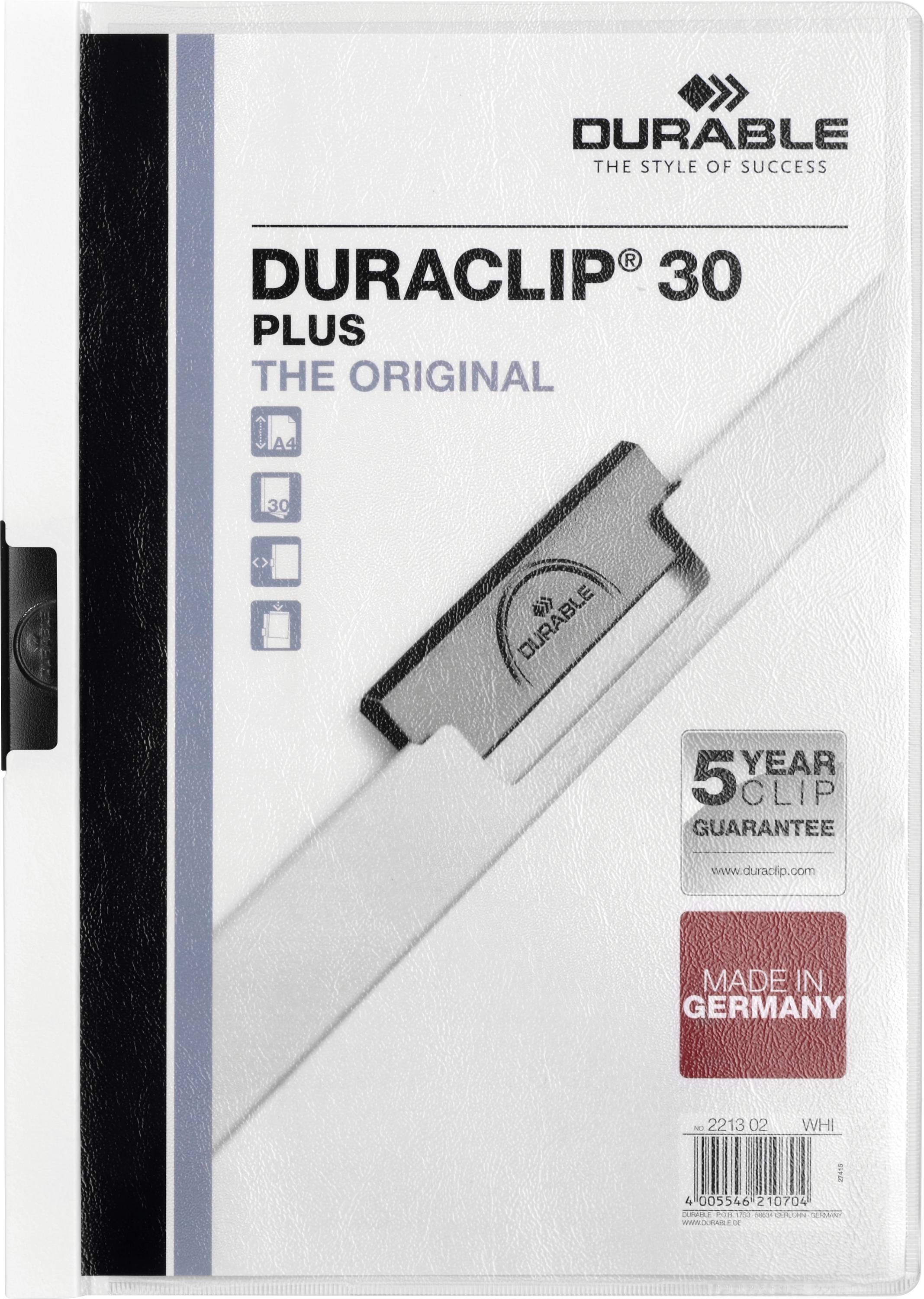 Couverture de dossier 'DURACLIP 30 PLUS' avec pince, texte '5 Year Clip Guarantee', 'Made in Germany', icônes d'utilisation et logo Durable.