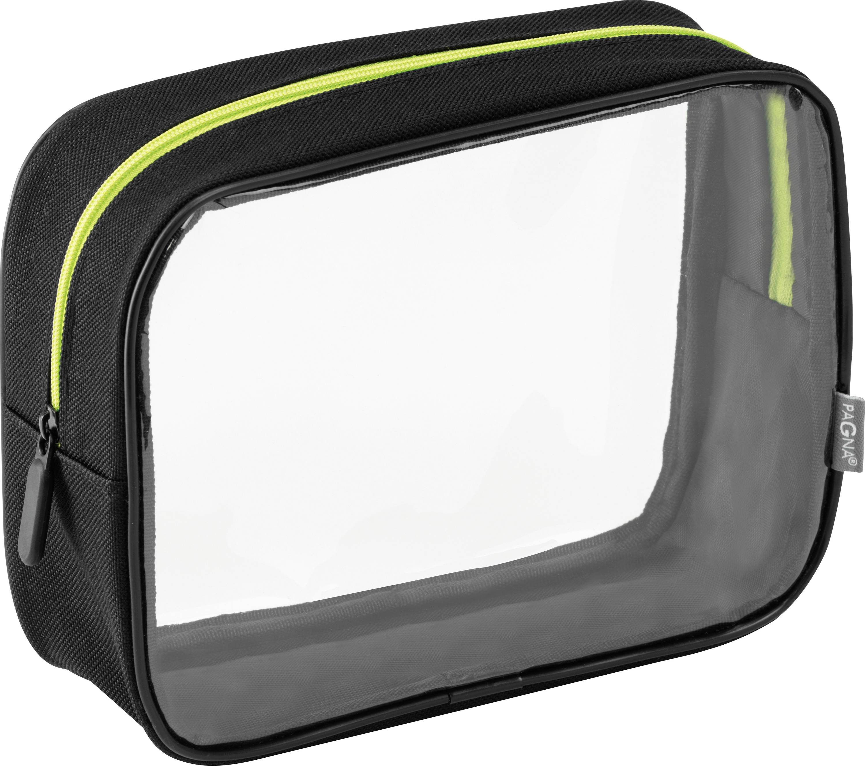 Un sac de toilette noir avec un devant transparent et une fermeture éclair jaune. Il a une étiquette sur le côté.