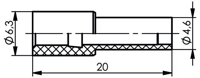 Dessin technique en coupe transversale d'une pièce cylindrique étagée, montrant les dimensions Ø6,3, Ø4,6, et longueur 20.