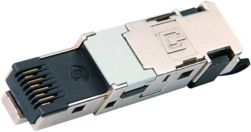 Connecteur de réseau Ethernet, présenté en gros plan sur fond blanc.