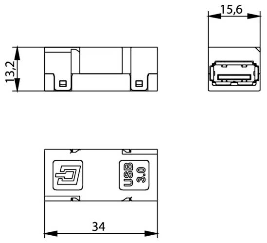 Dessin technique de dimensions d'un connecteur de port USB 3.0, montrant les vues de face, de côté et de dessus avec les mesures 34, 15.6 et 13.2.