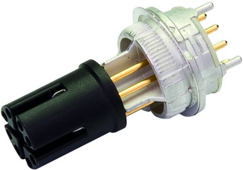 Un connecteur circulaire électrique avec un capuchon de protection noir et des broches dorées exposées sur un fond blanc.