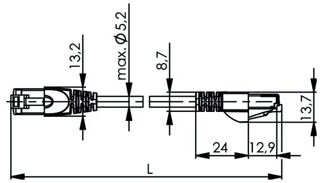 Dessin technique d'un assemblage de connecteur de câble avec dimensions étiquetées, incluant la longueur totale L, les diamètres 13,2, max. 5,2, 8,7, et les mesures de l'extrémité droite 24, 12,9, 13,7.