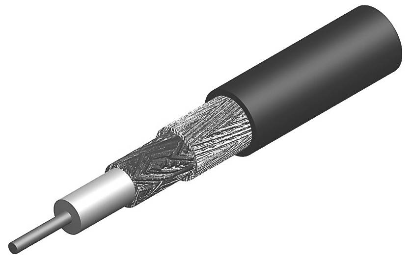 Coupe transversale d'un câble coaxial montrant le conducteur central, la couche isolante, le blindage tressé et la gaine extérieure noire.