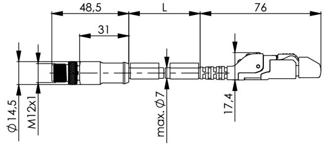 Dessin technique d'un connecteur de câble mâle avec annotations dimensionnelles, incluant les longueurs 48,5, 31, L, 76, les diamètres 14,5 et max. 7, et le filetage M12x1.