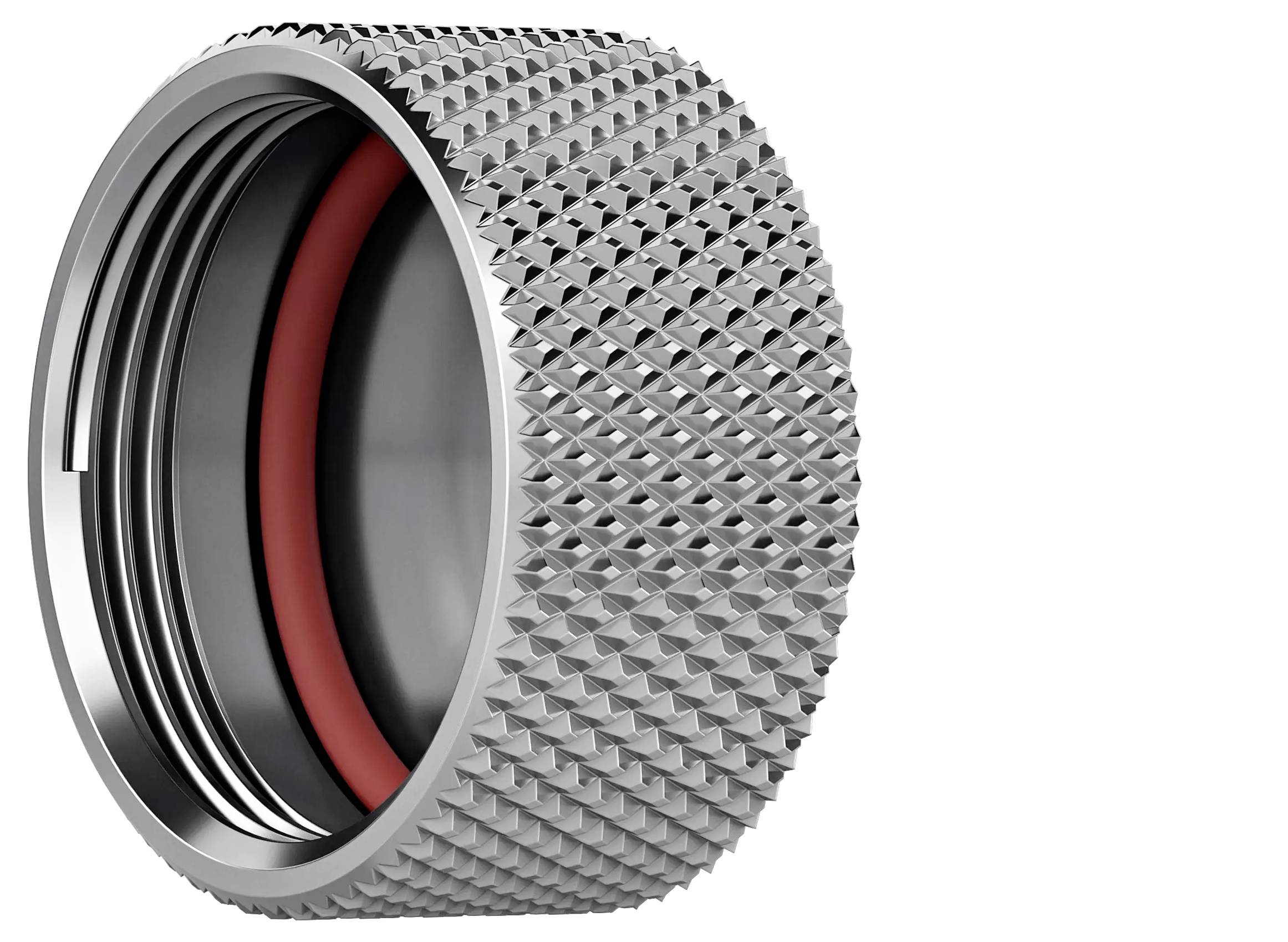 Gros plan d'un connecteur cylindrique à surface cannelée en métal ou d'un bouchon avec un joint d'étanchéité rouge à l'intérieur, présenté sur un fond blanc.