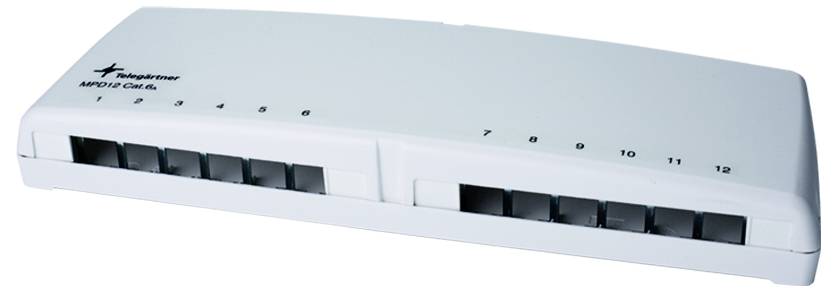 White network switch or hub with 12 numbered Ethernet ports on the front panel.