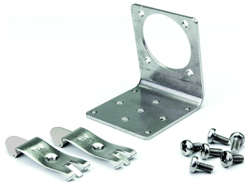 Équerre de montage en métal avec une grande découpe circulaire, deux petits systèmes d'attache de type pince, et plusieurs vis sur un fond blanc.