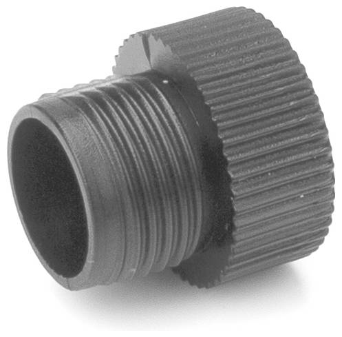 Black plastic threaded pipe fitting with a ribbed cap, shown on a white background.