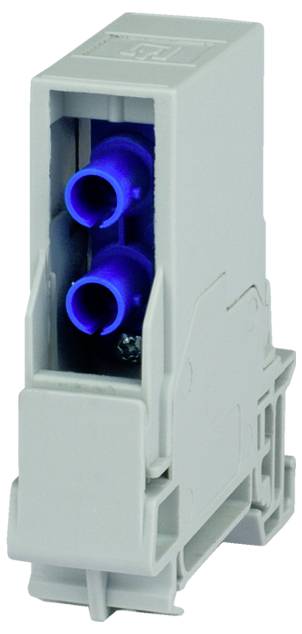 Gray plastic electrical terminal block with two blue circular ports visible in the front opening.
