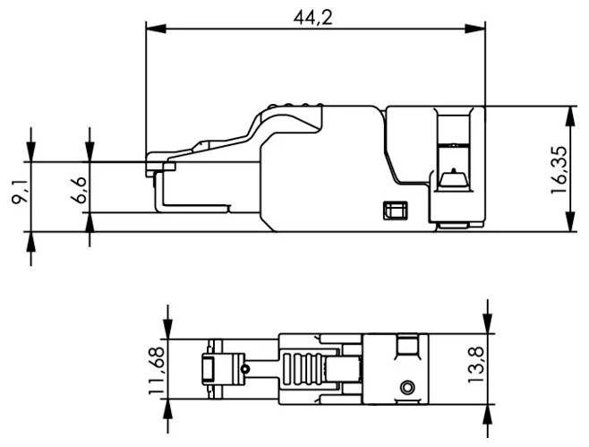Dessin technique d'un connecteur électrique ou d'une fiche, présenté en vues de côté et de dessus avec des mesures de dimension étiquetées en millimètres.