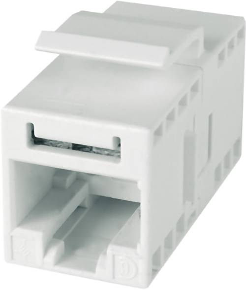Module de prise murale électrique en plastique blanc de type keystone avec ouverture de port rectangulaire, présenté isolé sur un fond blanc.