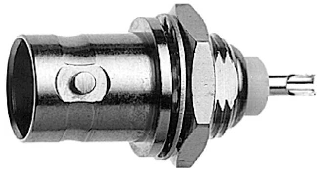Close-up of a metal panel-mount connector jack with threaded body, hex nut, and two rear terminals.