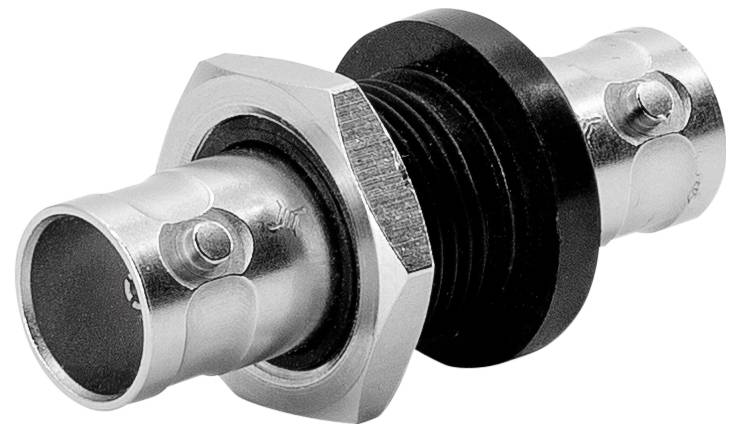 Connecteur de câble coaxial métallique avec un centre fileté, un écrou hexagonal et une bague d'isolation noire sur un fond blanc.