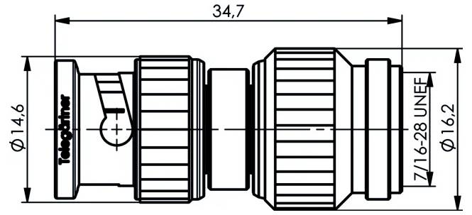 Technical line drawing of a cable connector with dimensional measurements, showing overall length 34.7, diameters 14.6 and 16.2, and thread 7/16-28 UNET.