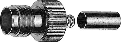 Connecteur de câble métallique avec corps fileté et bague de verrouillage striée, montré séparé d'un manchon cylindrique assorti.